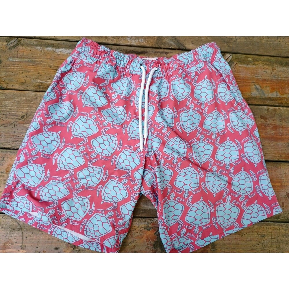 J.Crew Flex Swim Trunks Mens M 8” Inseam Turtle Print Red Blue Lined